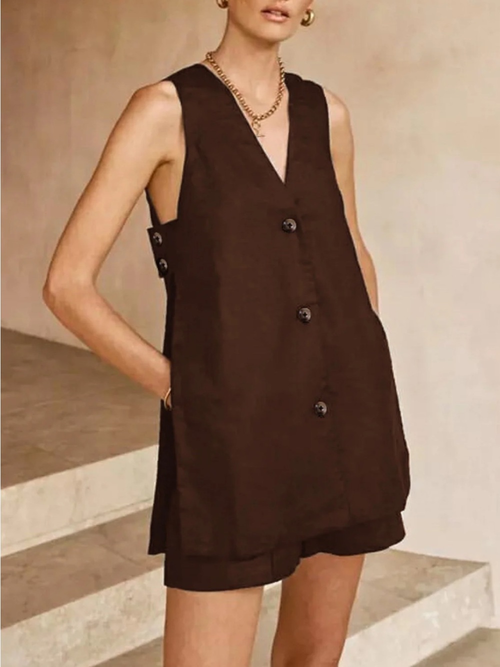 Sleeveless V-Neck Button Front Dress in Dark Brown